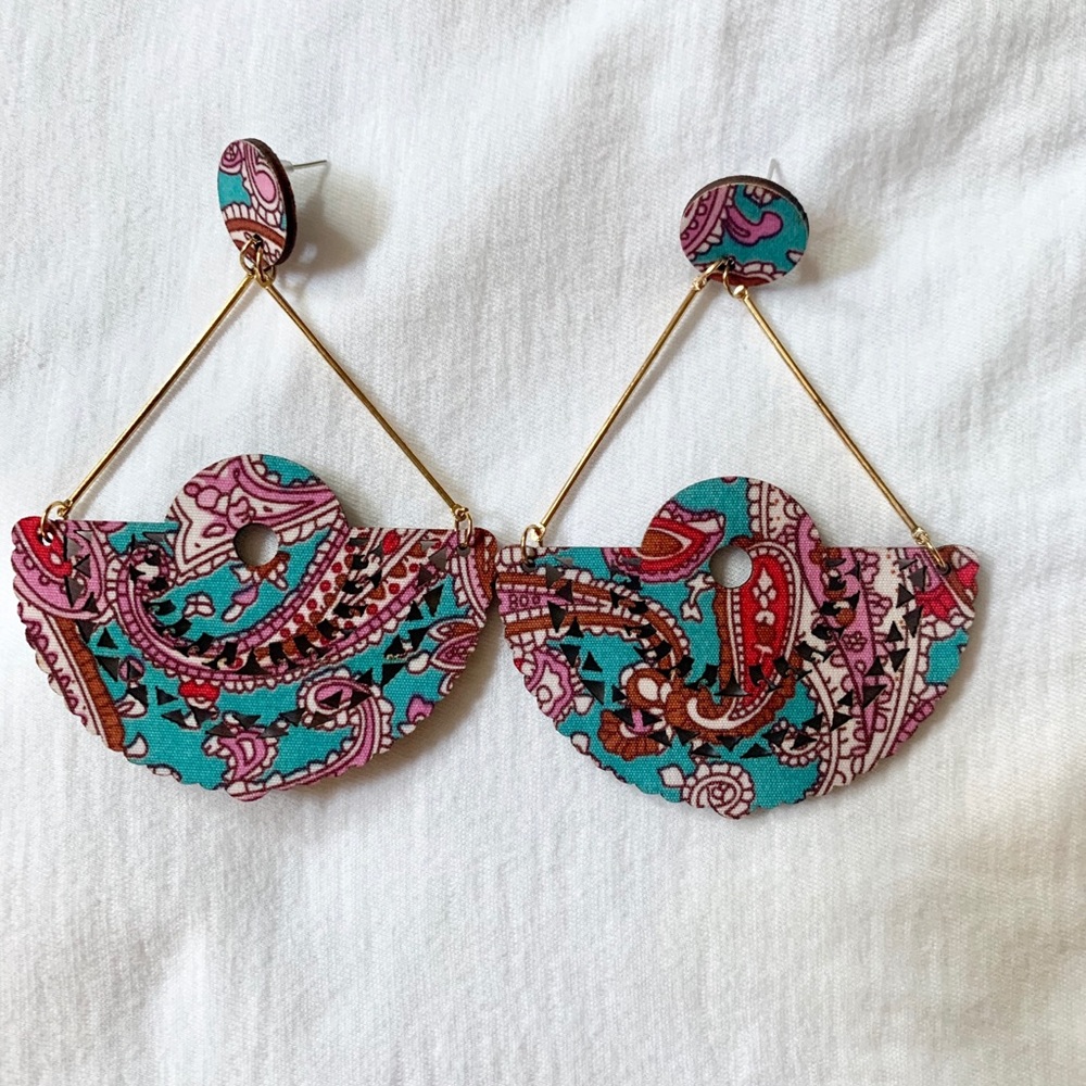 Trendy Drop Earrings Wooden Fabric Teal Pink White